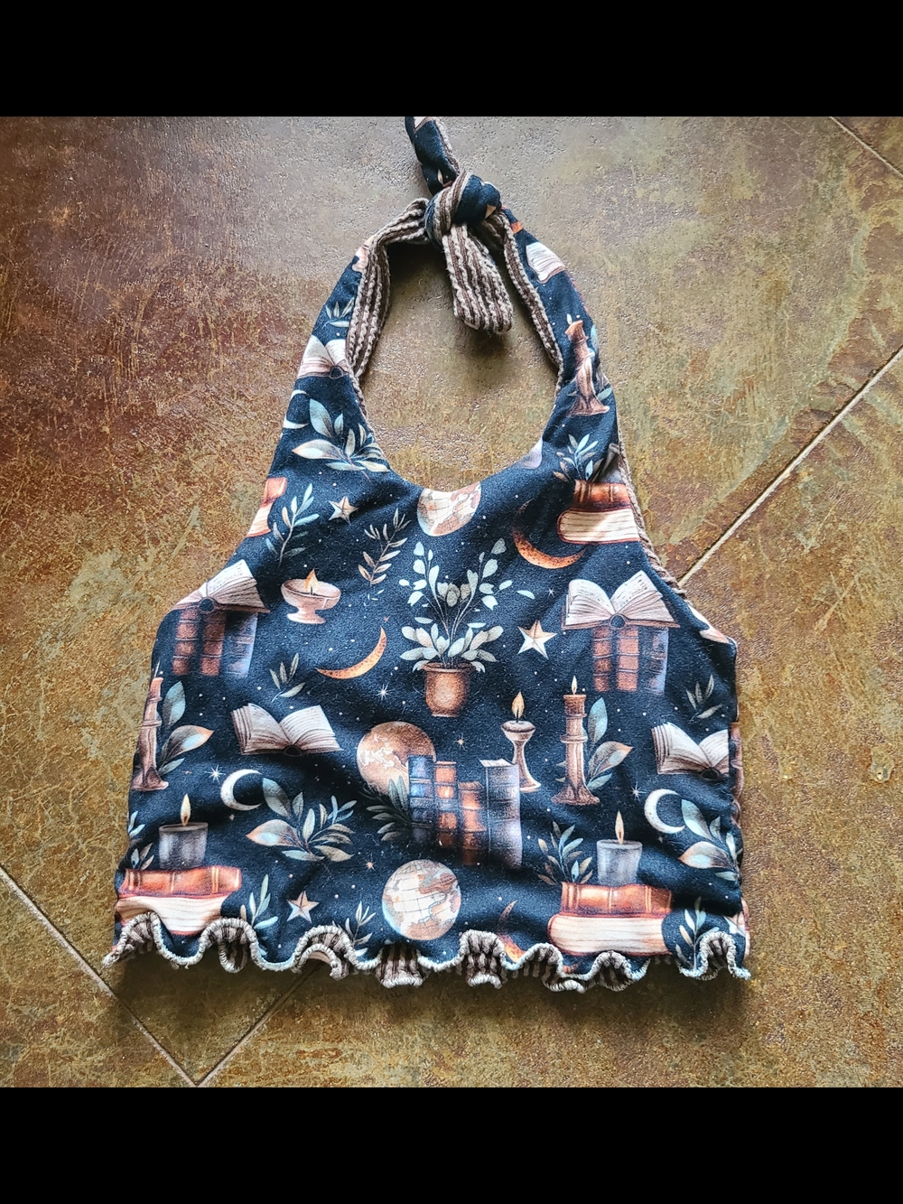Celestial Books Halter Crop Top - Blacm with Earthy Accents